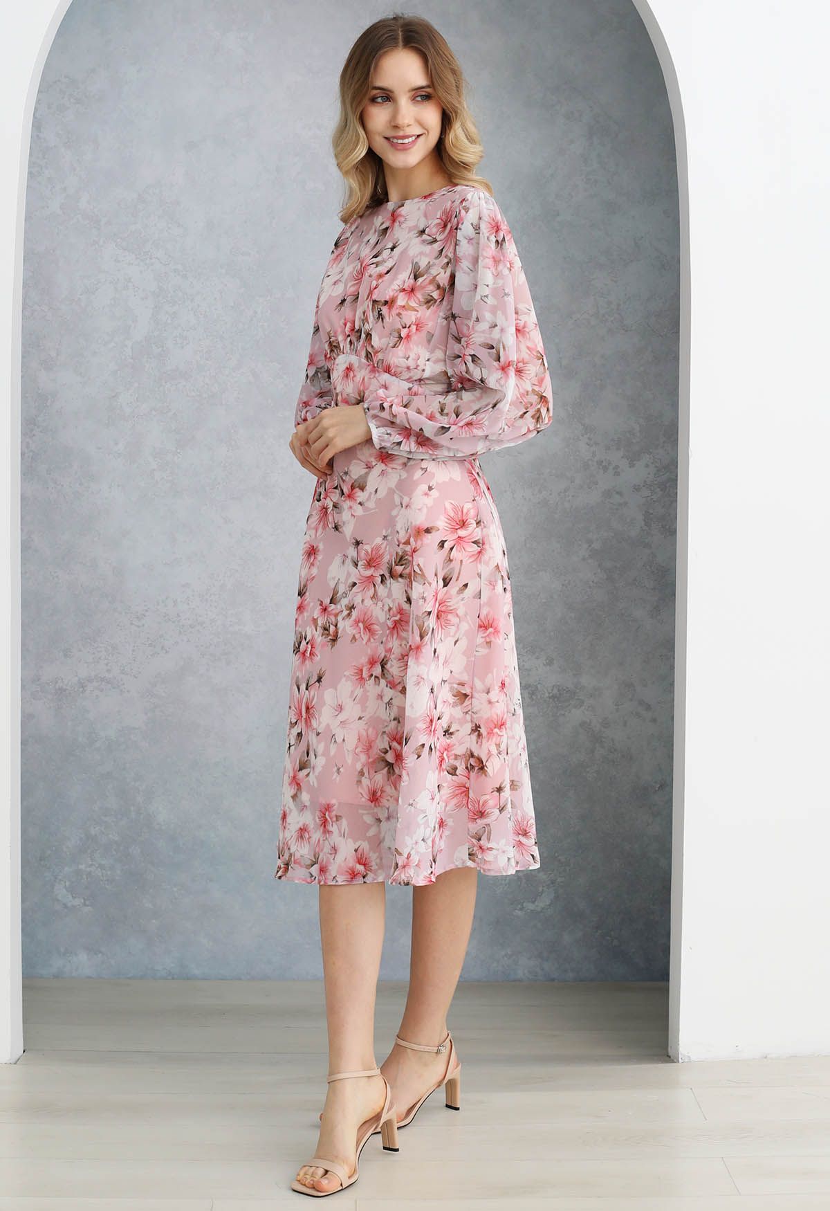 Cherry Blossom Printed Puff Sleeve Chiffon Midi Dress