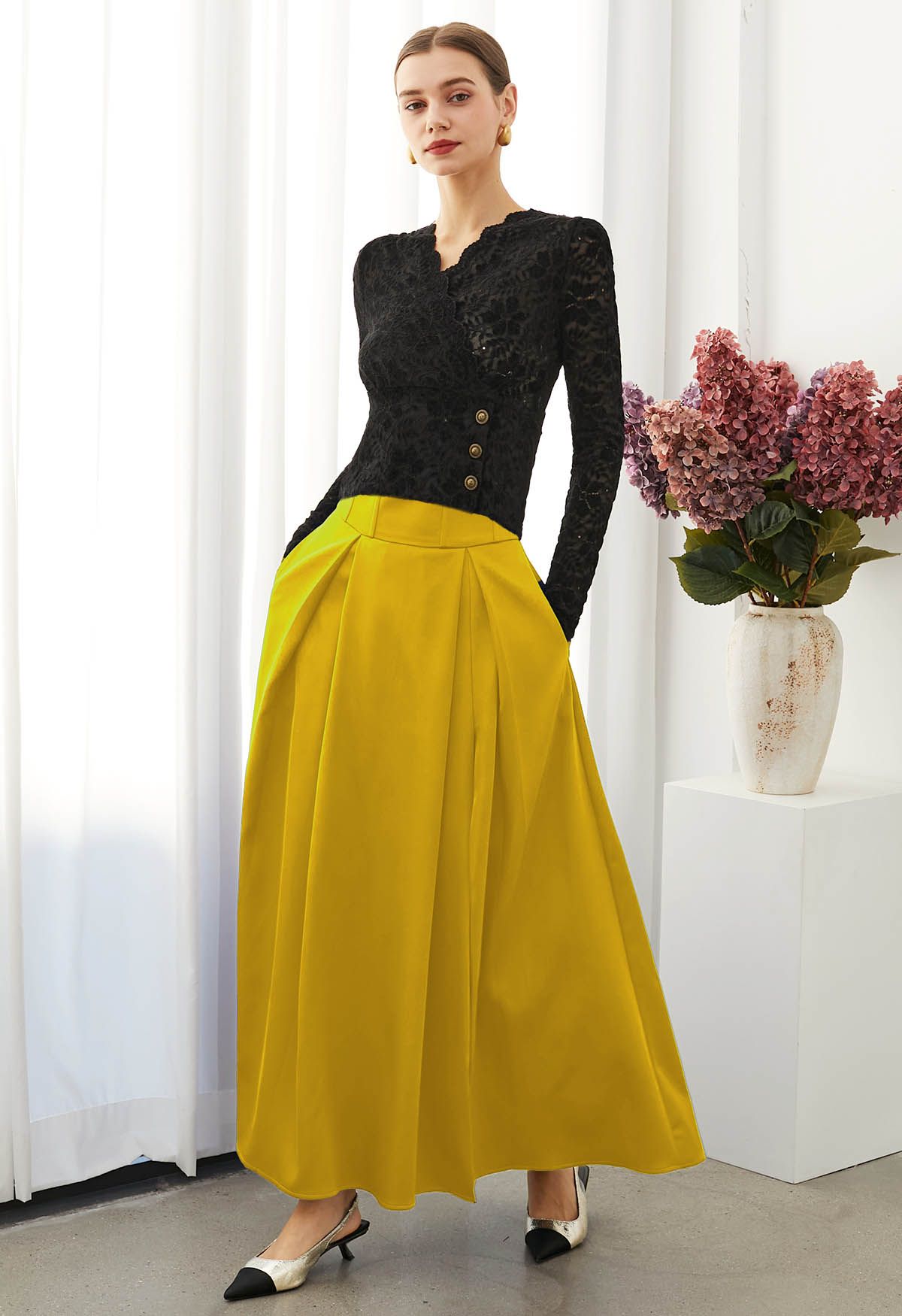 High-Slit Seamed Waist Pleated Satin Maxi Skirt in Yellow