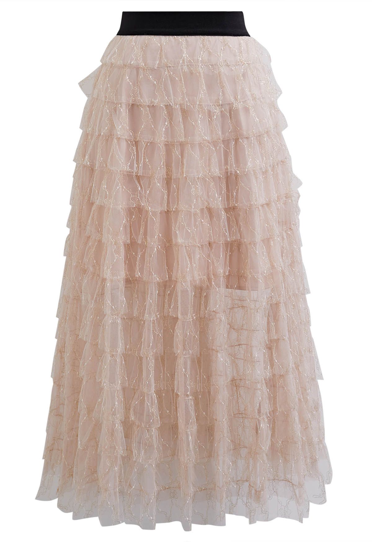 Abstract Metallic Tiered Mesh Midi Skirt in Light Pink