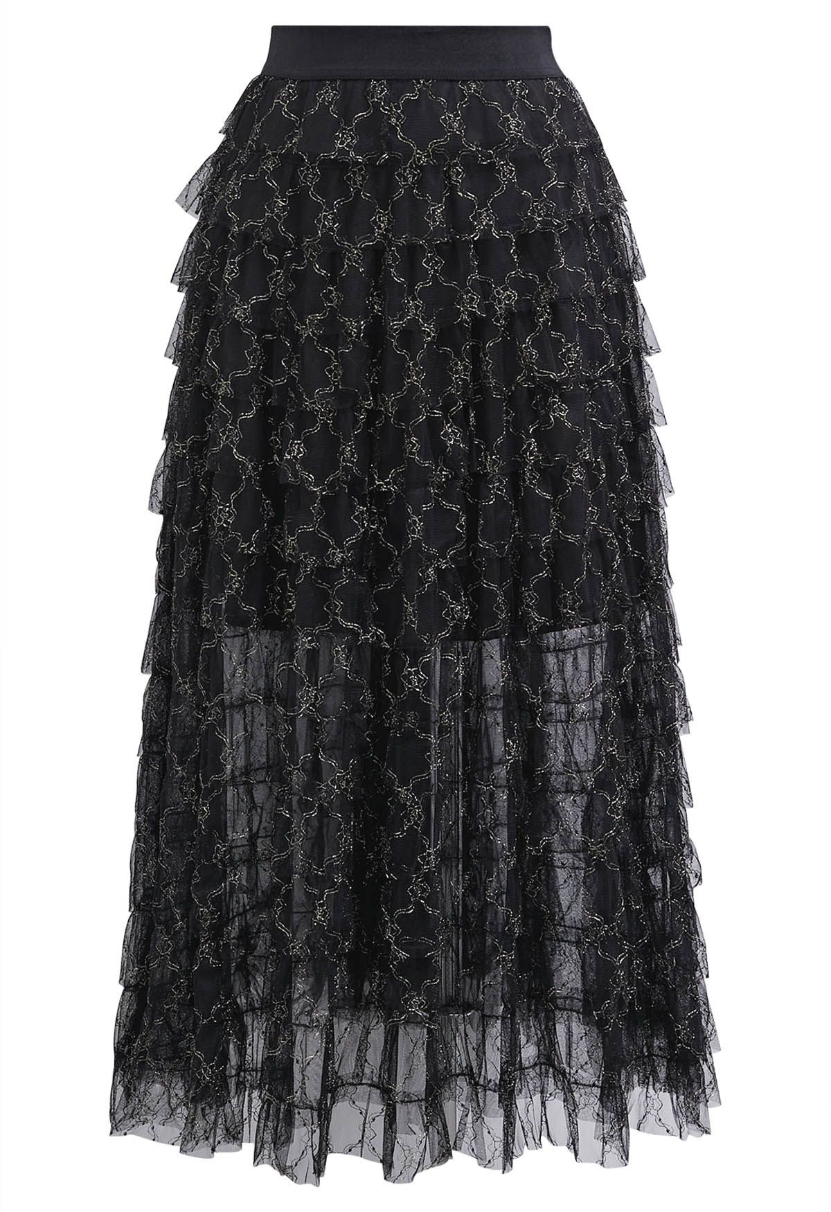 Abstract Metallic Tiered Mesh Midi Skirt in Black