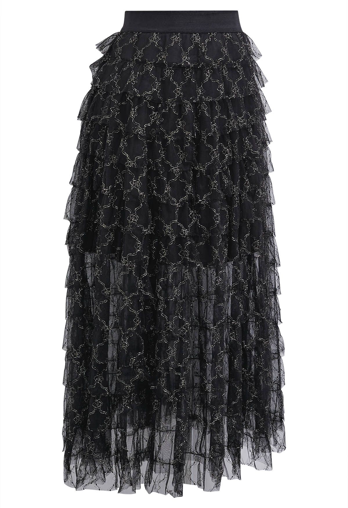 Abstract Metallic Tiered Mesh Midi Skirt in Black