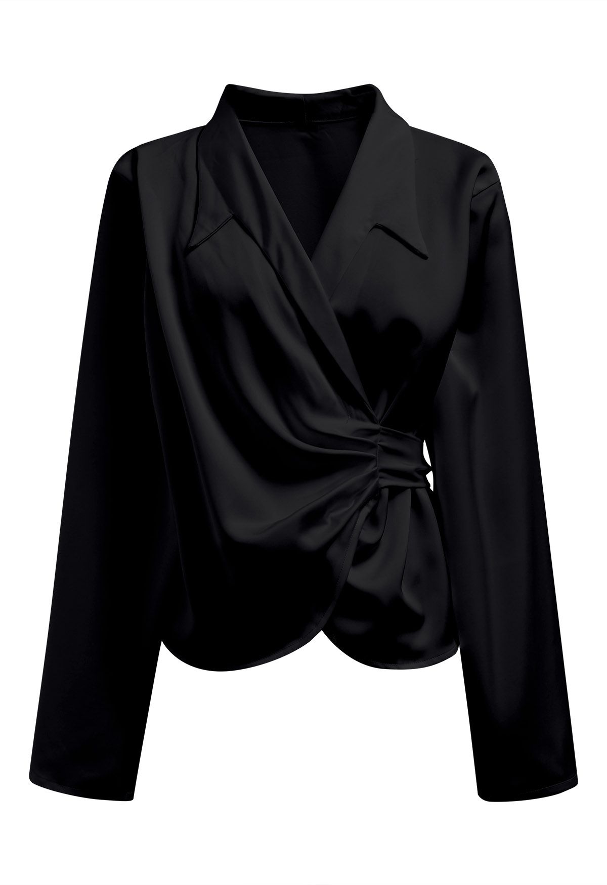 Pointed Collar Self-Tie Wrap Satin Shirt in Black