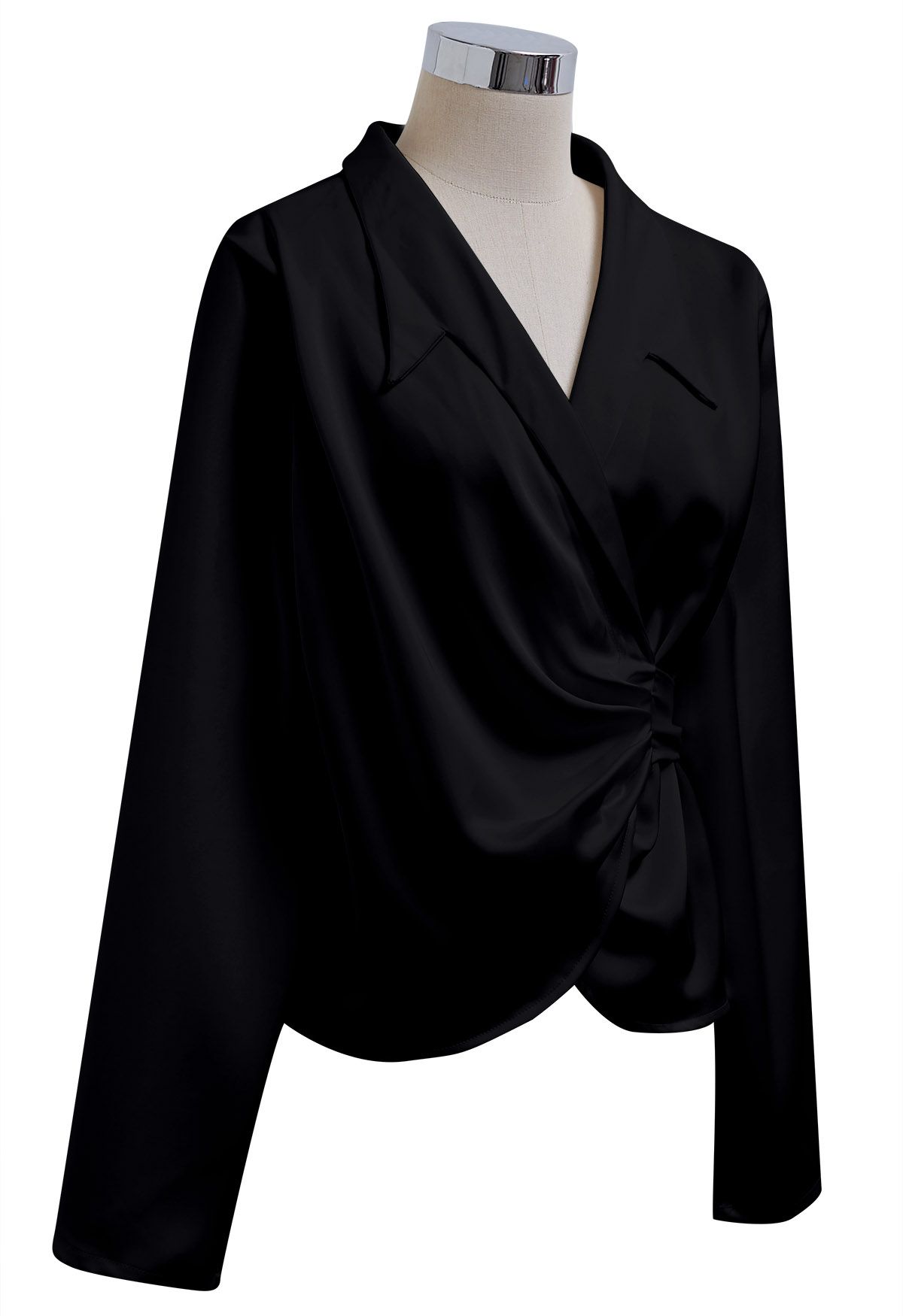 Pointed Collar Self-Tie Wrap Satin Shirt in Black