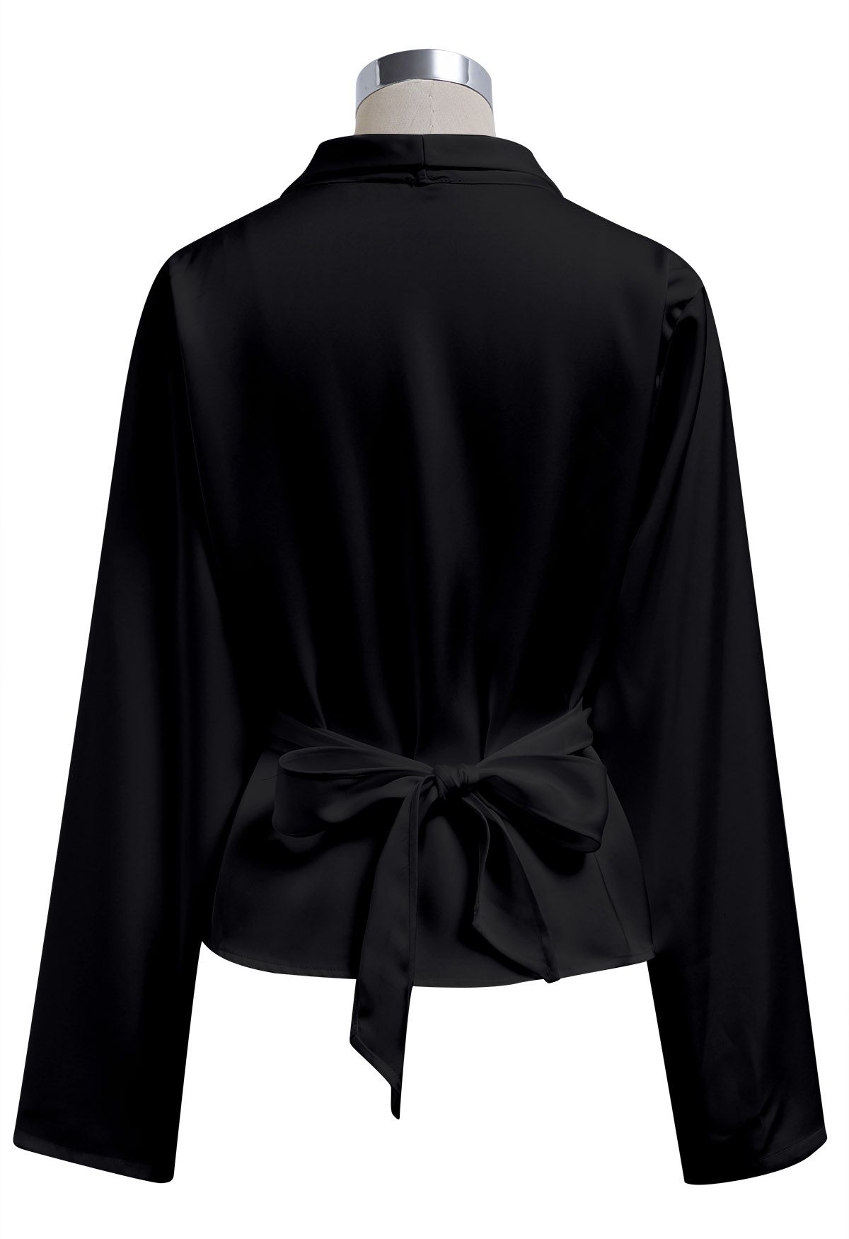 Pointed Collar Self-Tie Wrap Satin Shirt in Black