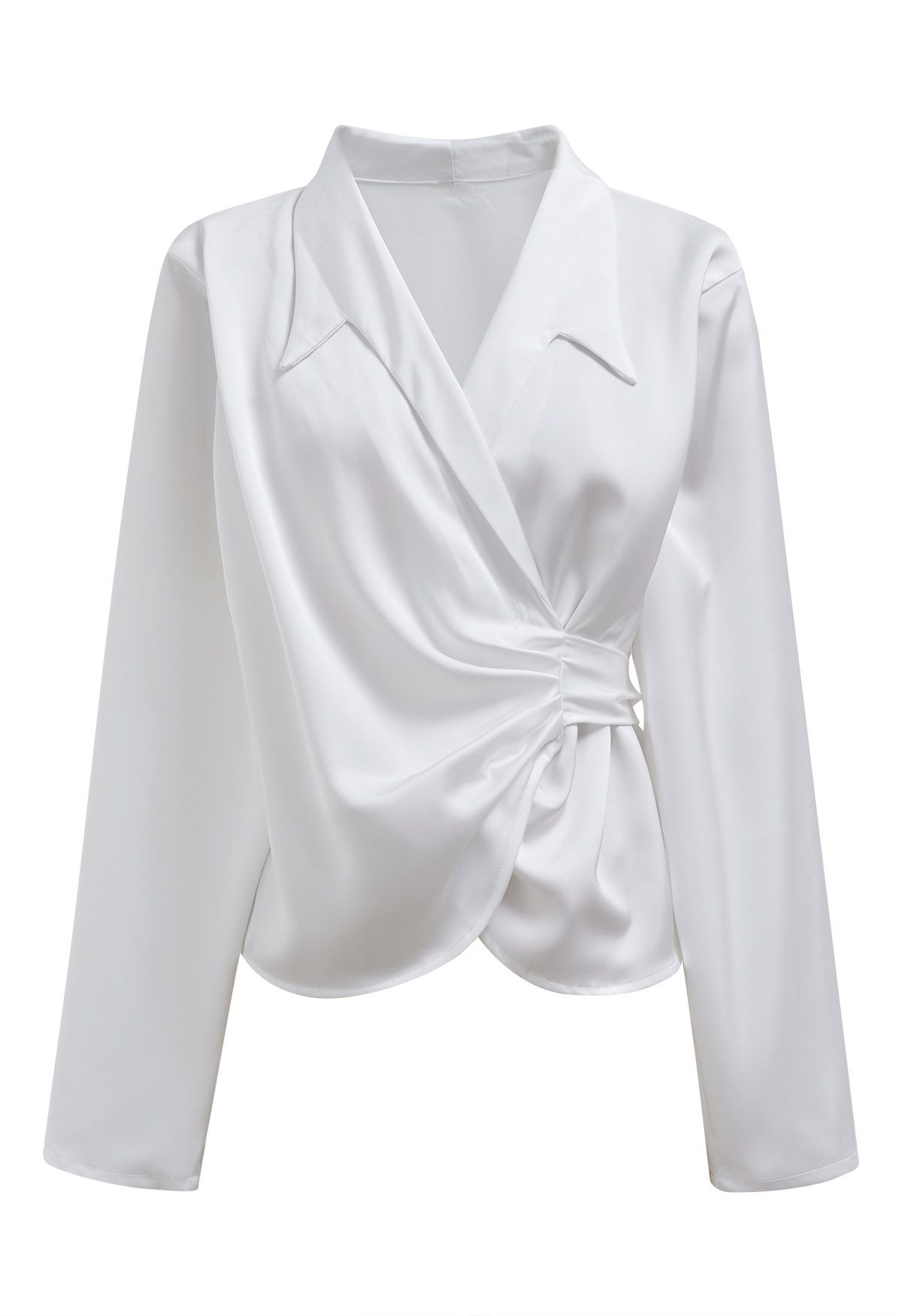 Pointed Collar Self-Tie Wrap Satin Shirt in White