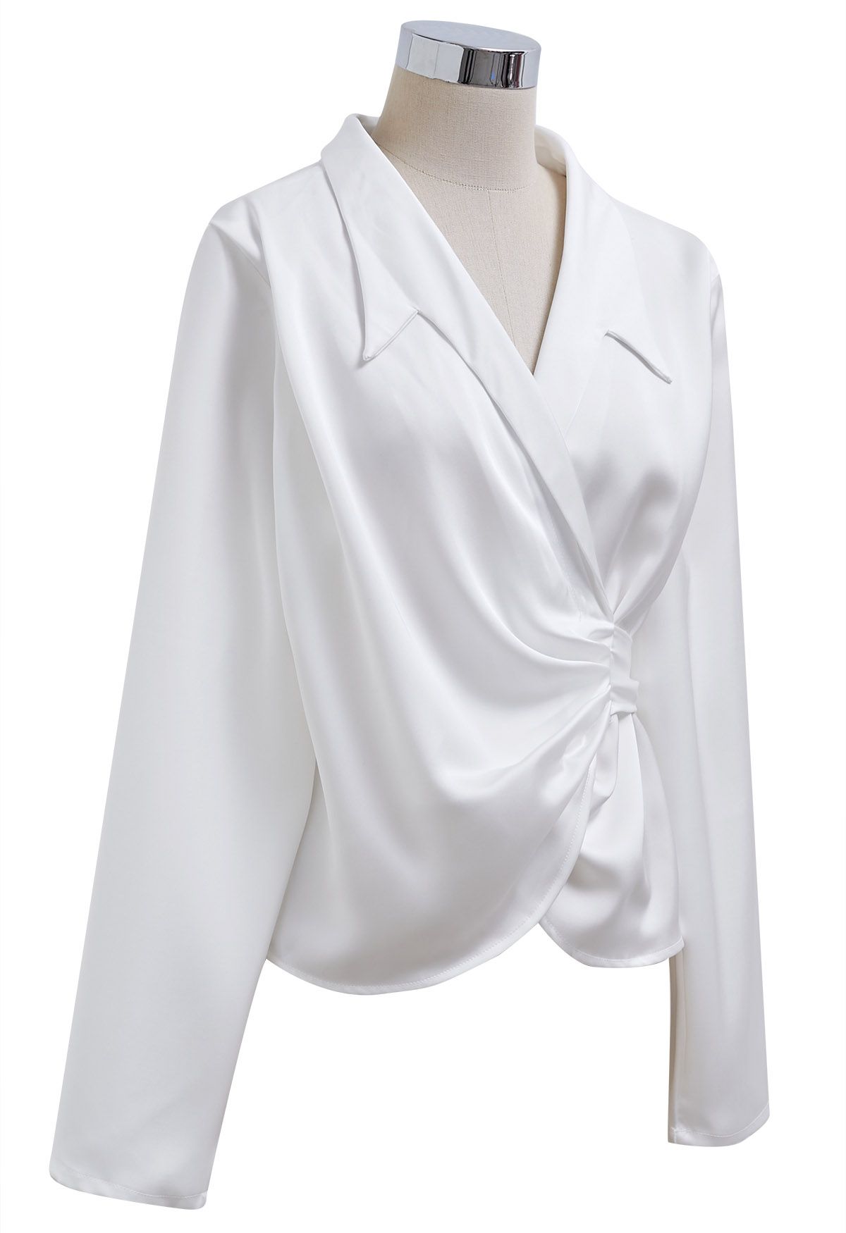 Pointed Collar Self-Tie Wrap Satin Shirt in White