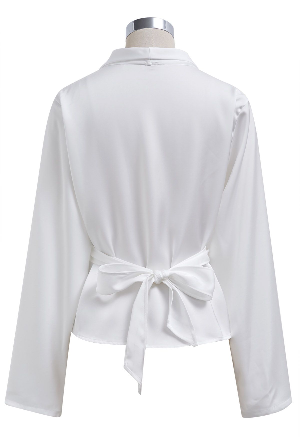 Pointed Collar Self-Tie Wrap Satin Shirt in White