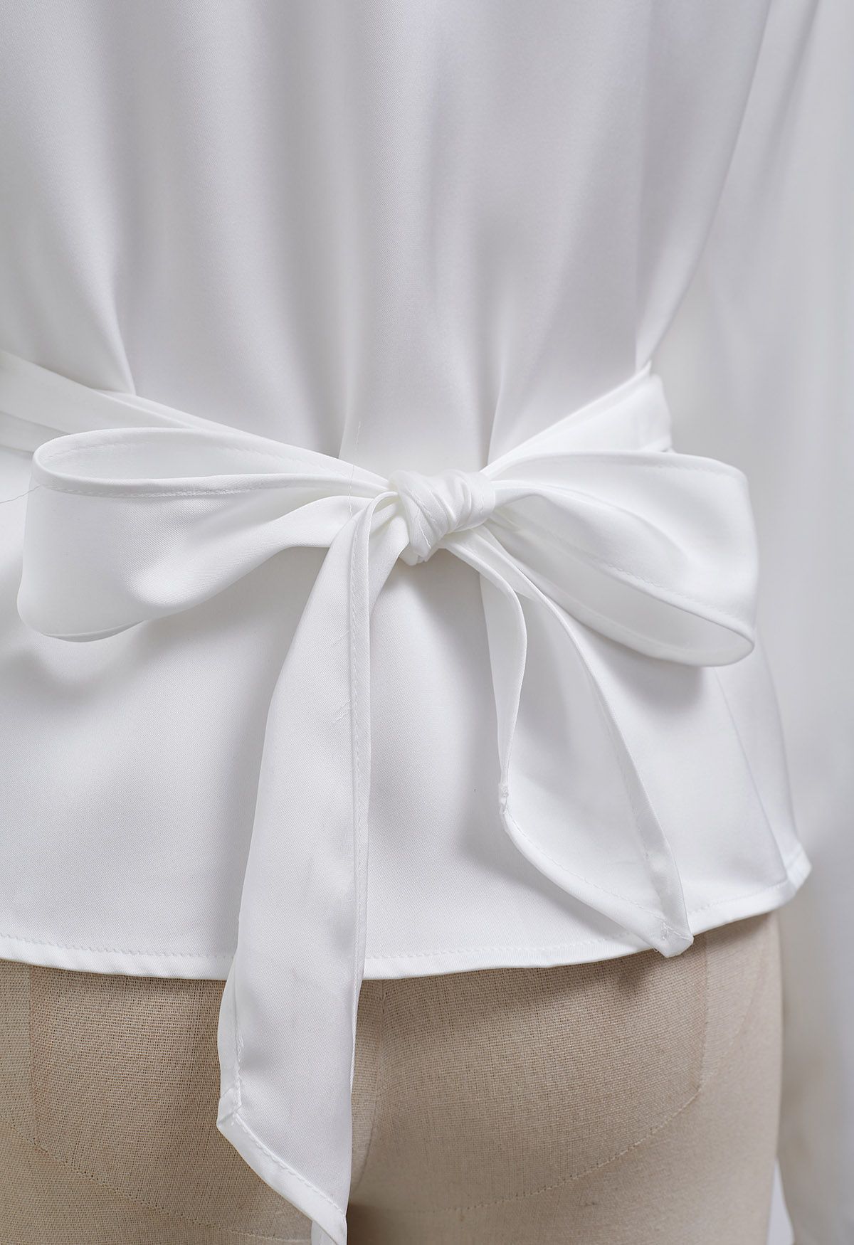 Pointed Collar Self-Tie Wrap Satin Shirt in White