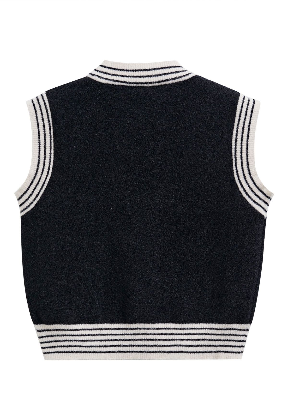 Contrast Striped Edge V-Neck Buttoned Knit Vest in Black