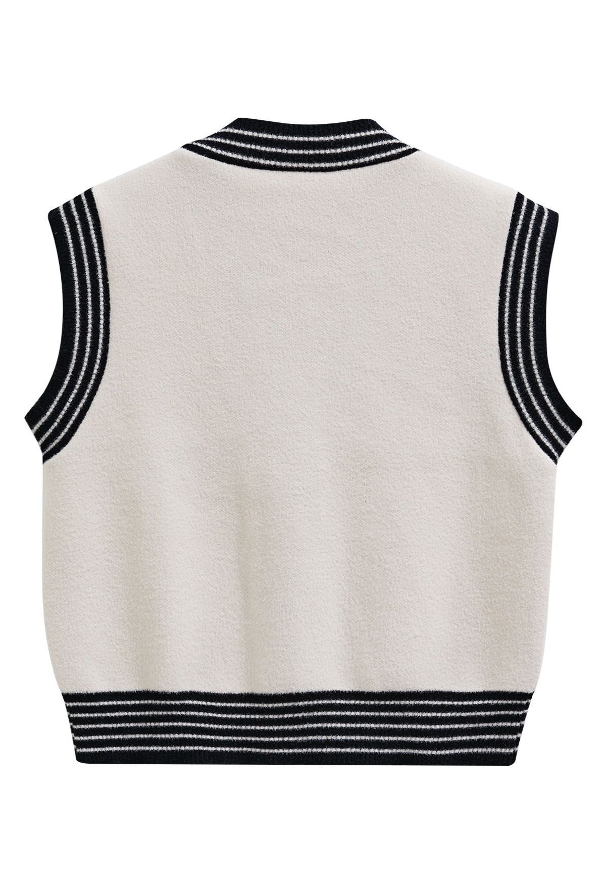 Contrast Striped Edge V-Neck Buttoned Knit Vest in Ivory