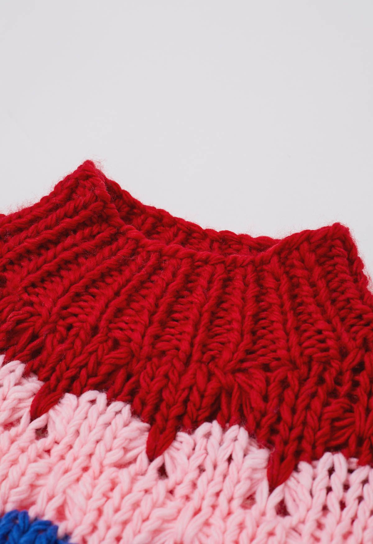 Color Blocked High Neck Hand-Knit Chunky Sweater in Red