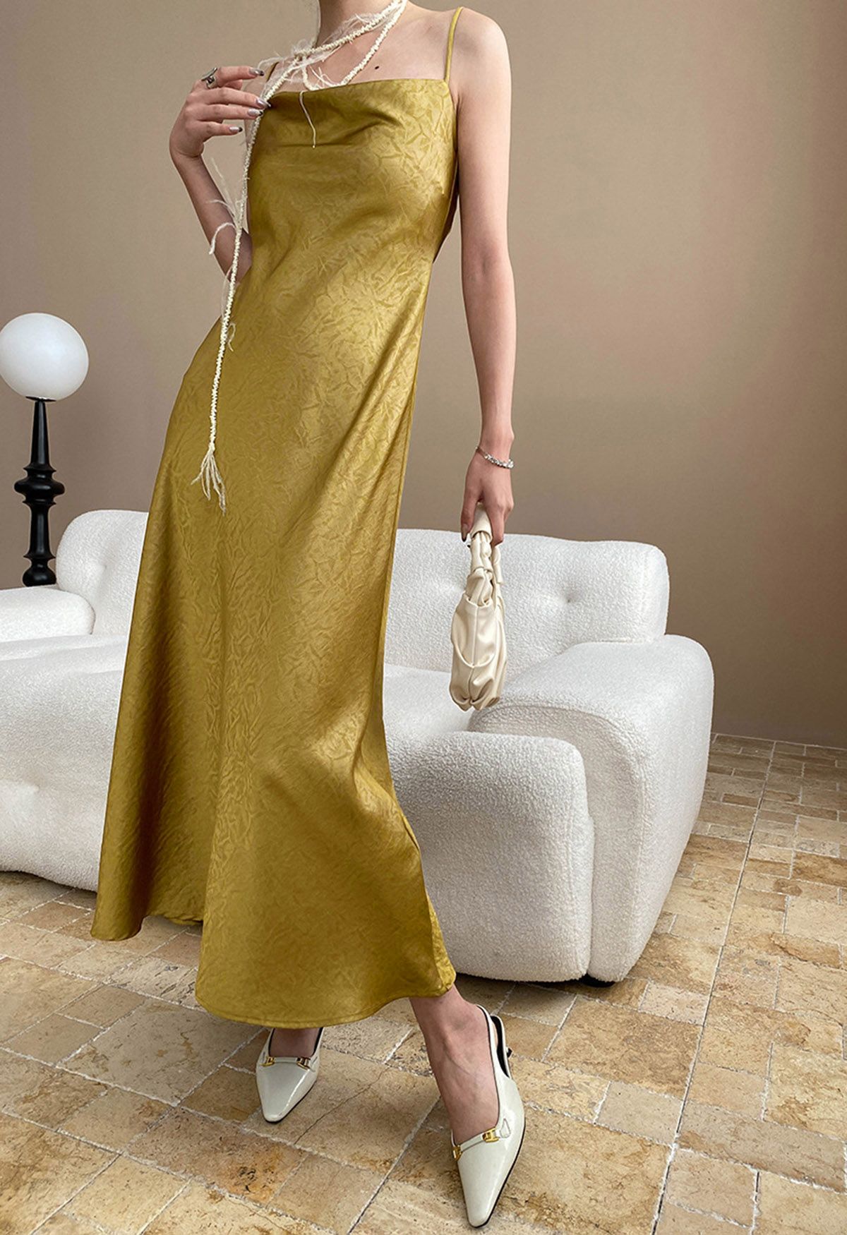 Texture Jacquard Drape Neck Satin Cami Dress in Mustard