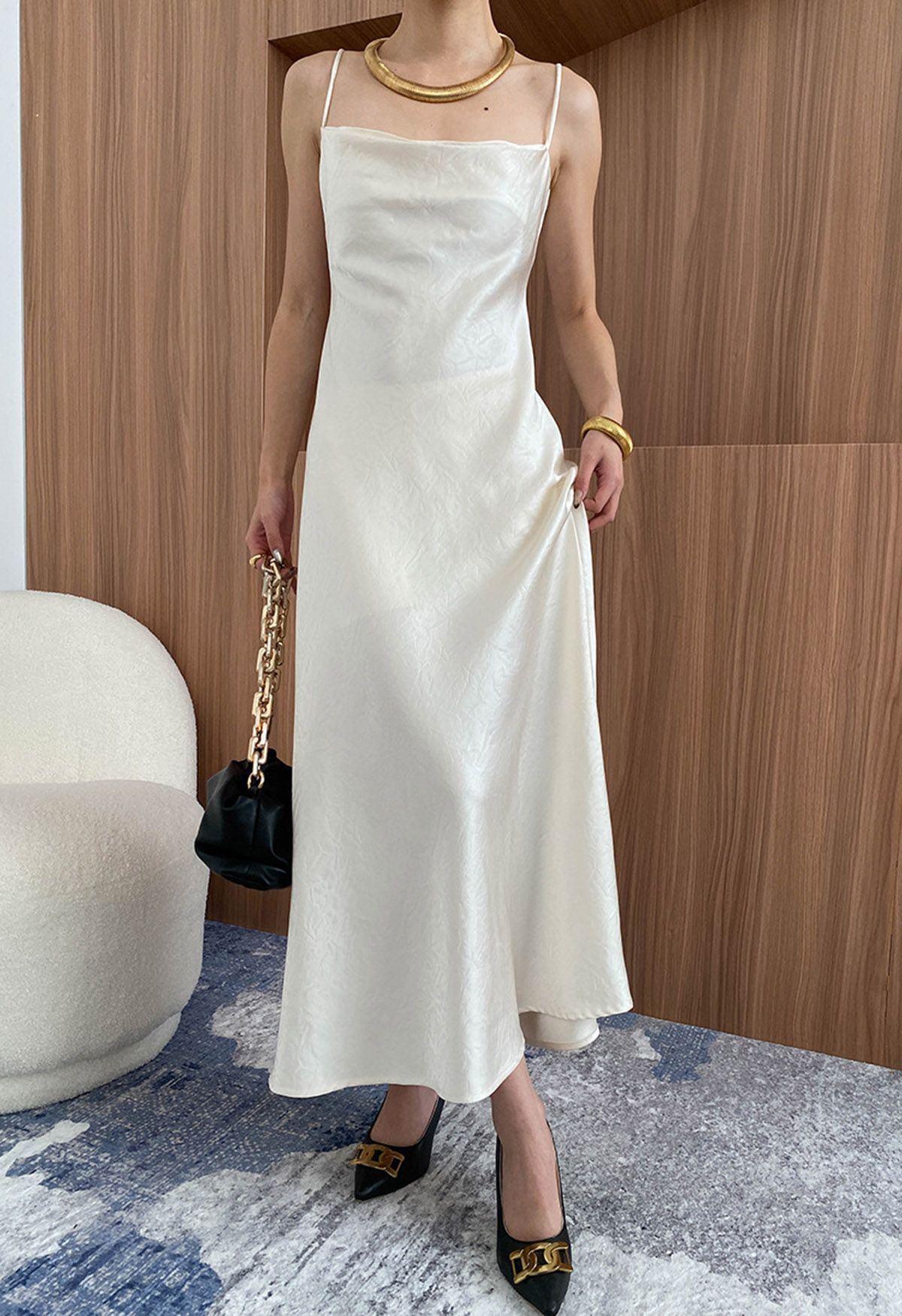 Texture Jacquard Drape Neck Satin Cami Dress in Ivory