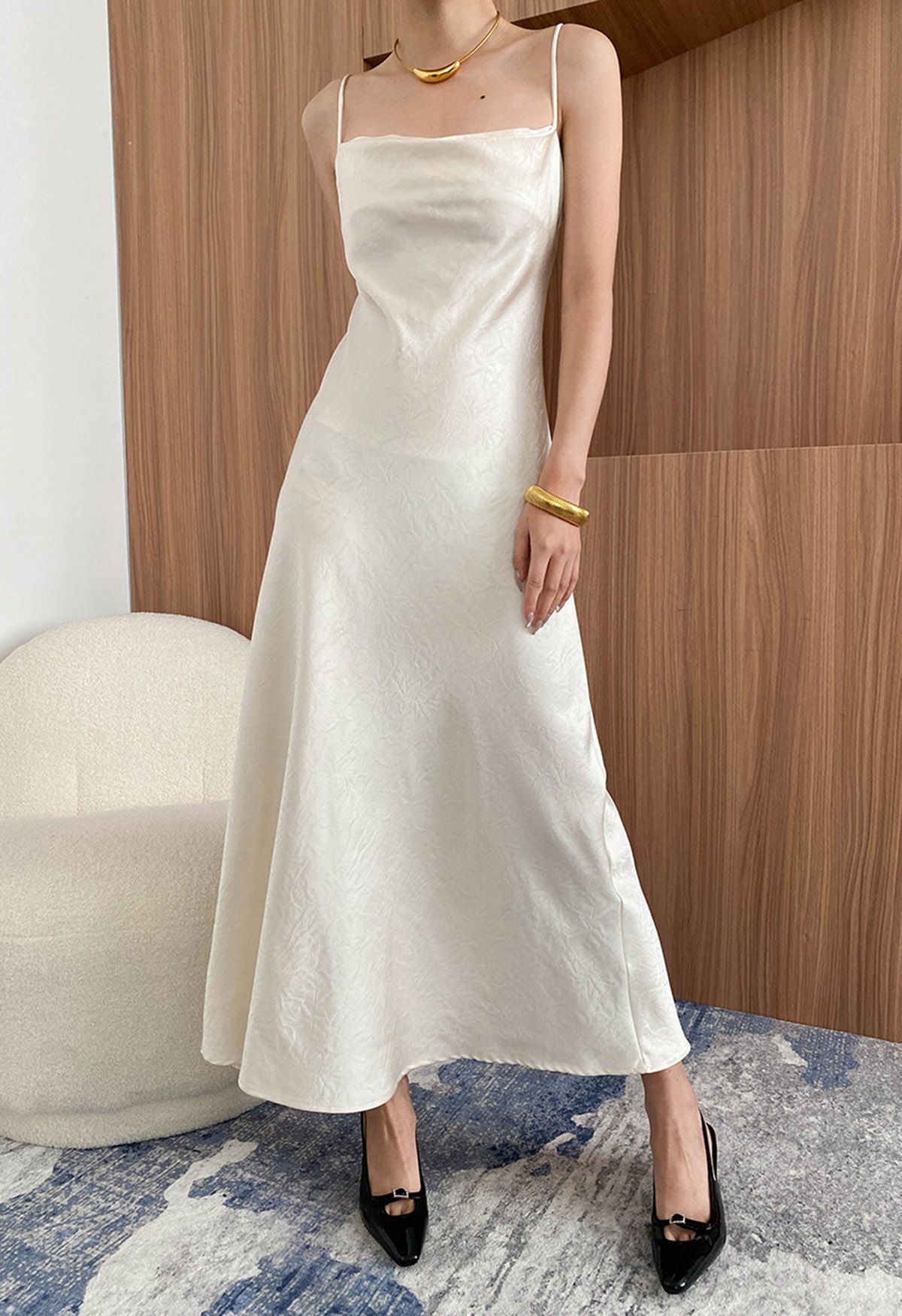 Texture Jacquard Drape Neck Satin Cami Dress in Ivory