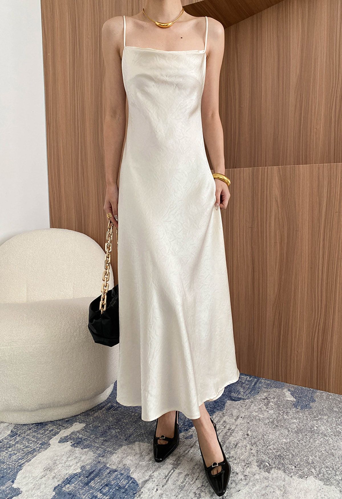 Texture Jacquard Drape Neck Satin Cami Dress in Ivory