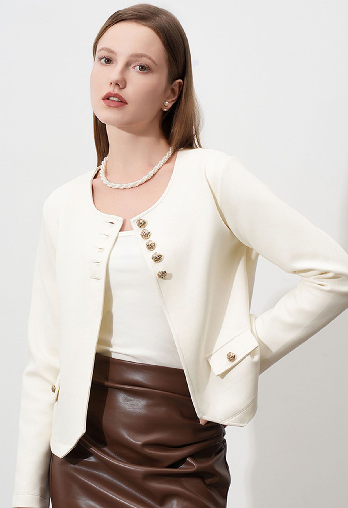 Posh Pursuits Fake Flap Pockets Buttoned Coat in Cream