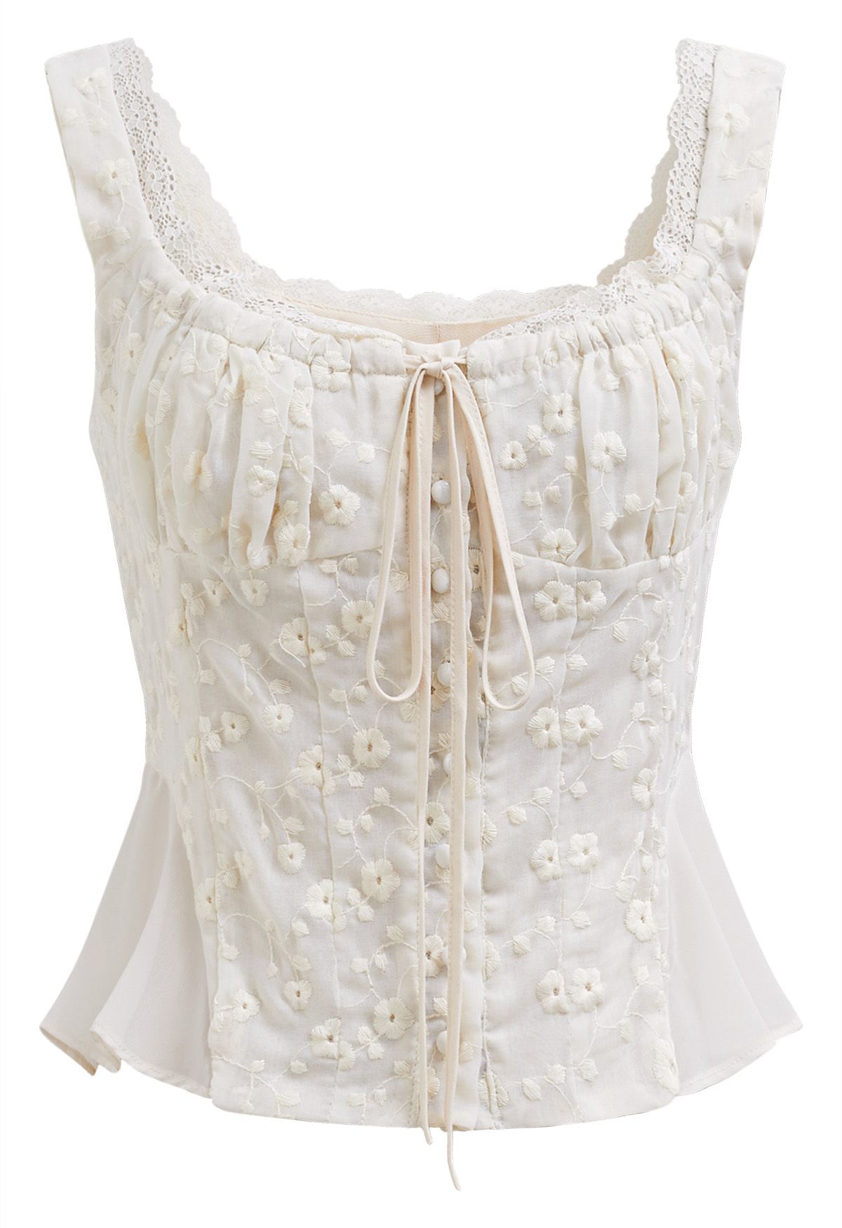 Floret Embroidered Drawstring Crop Buttoned Top