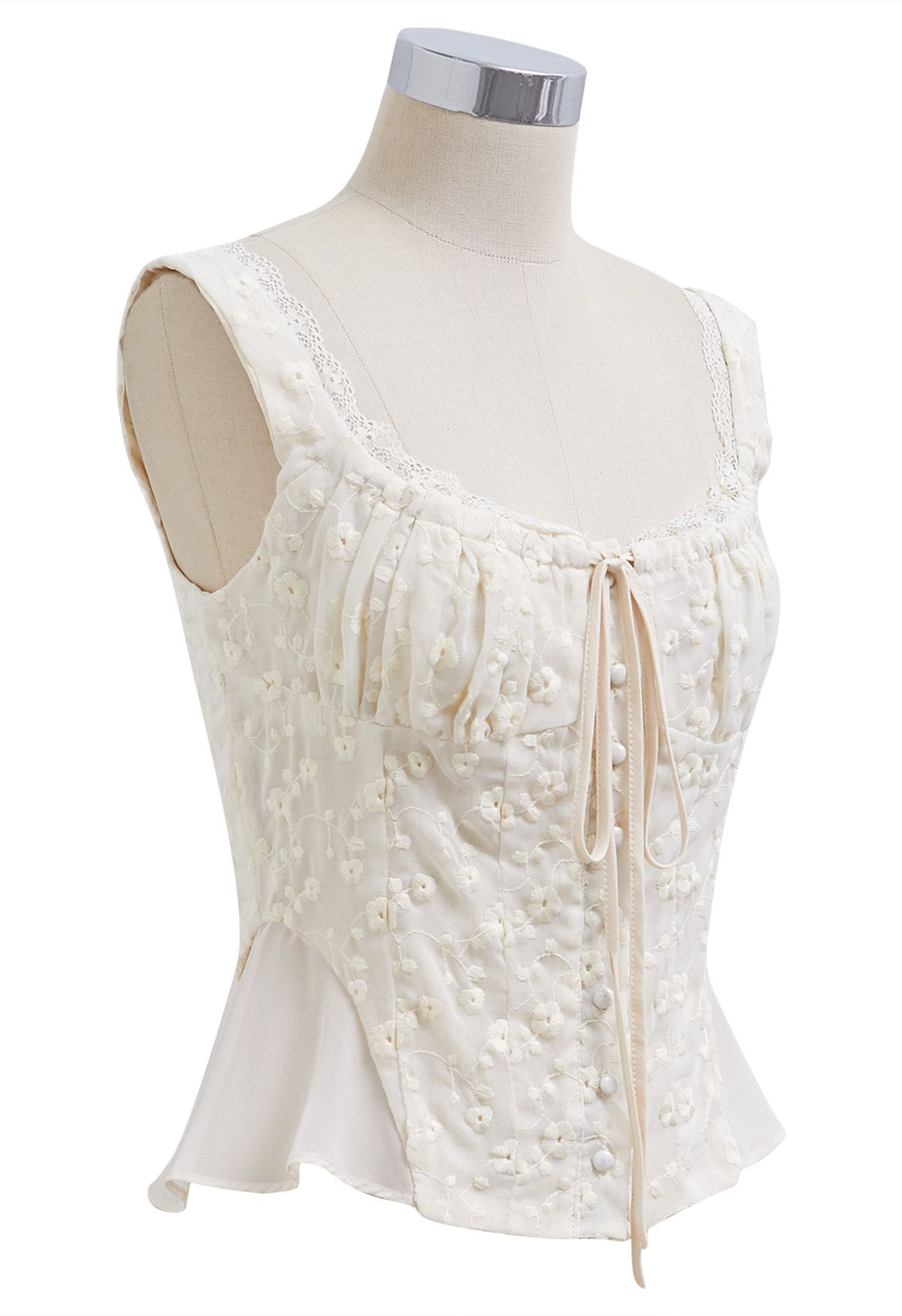 Floret Embroidered Drawstring Crop Buttoned Top