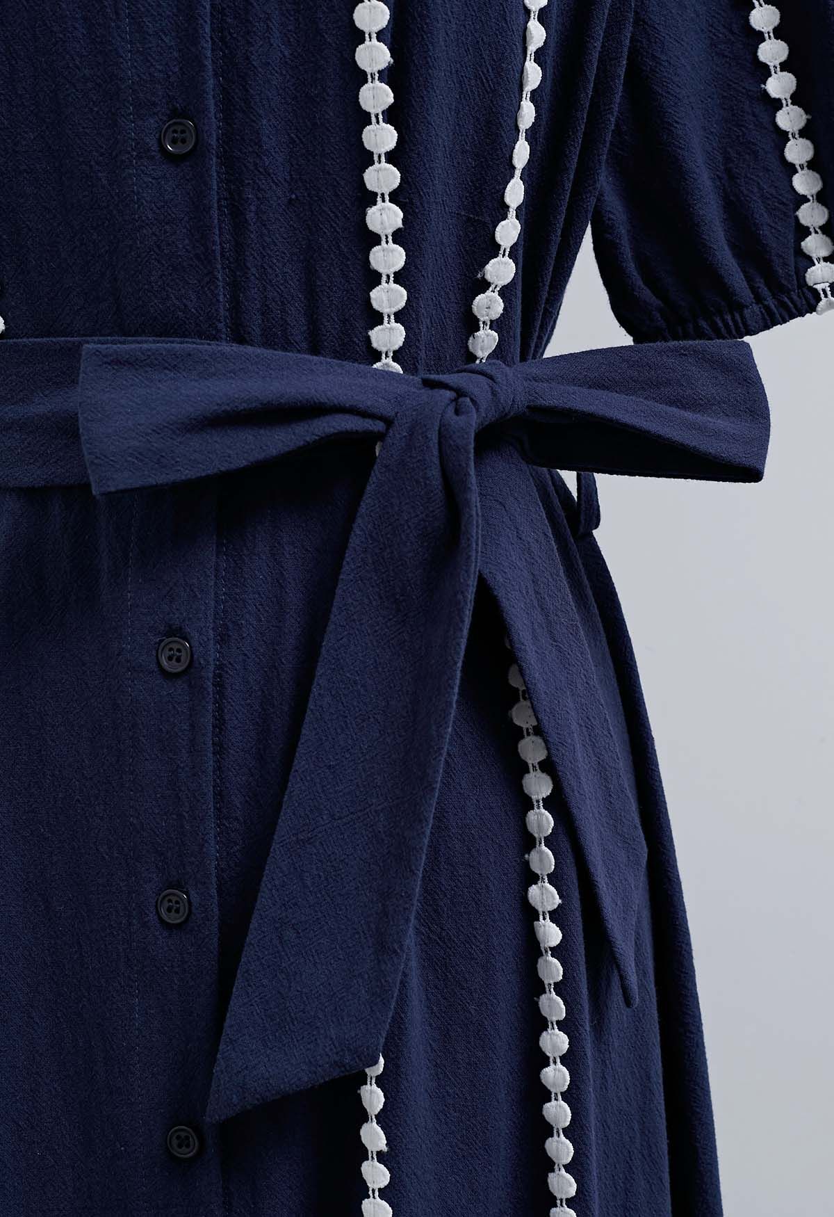 Crochet Stripe Collared Tie-Sash Buttoned Maxi Dress in Navy