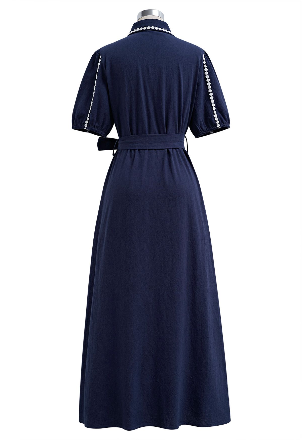 Crochet Stripe Collared Tie-Sash Buttoned Maxi Dress in Navy