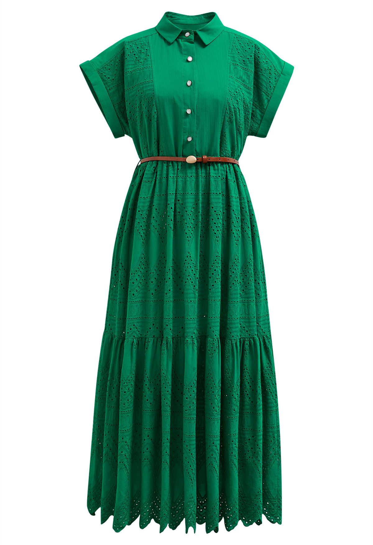 Collared Eyelet Embroidery Buttoned Midi Dress in Green