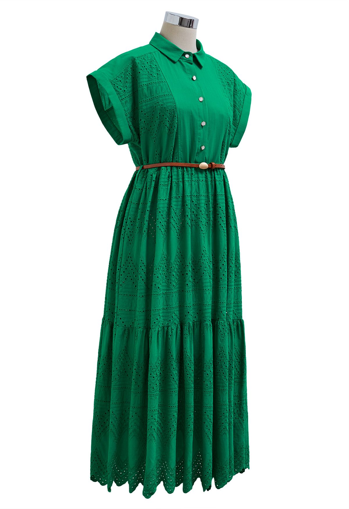 Collared Eyelet Embroidery Buttoned Midi Dress in Green