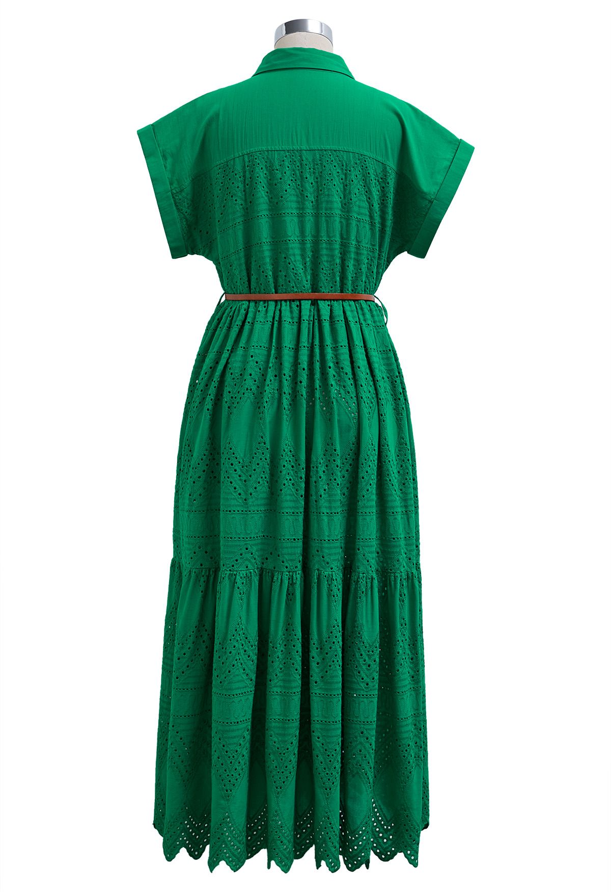 Collared Eyelet Embroidery Buttoned Midi Dress in Green