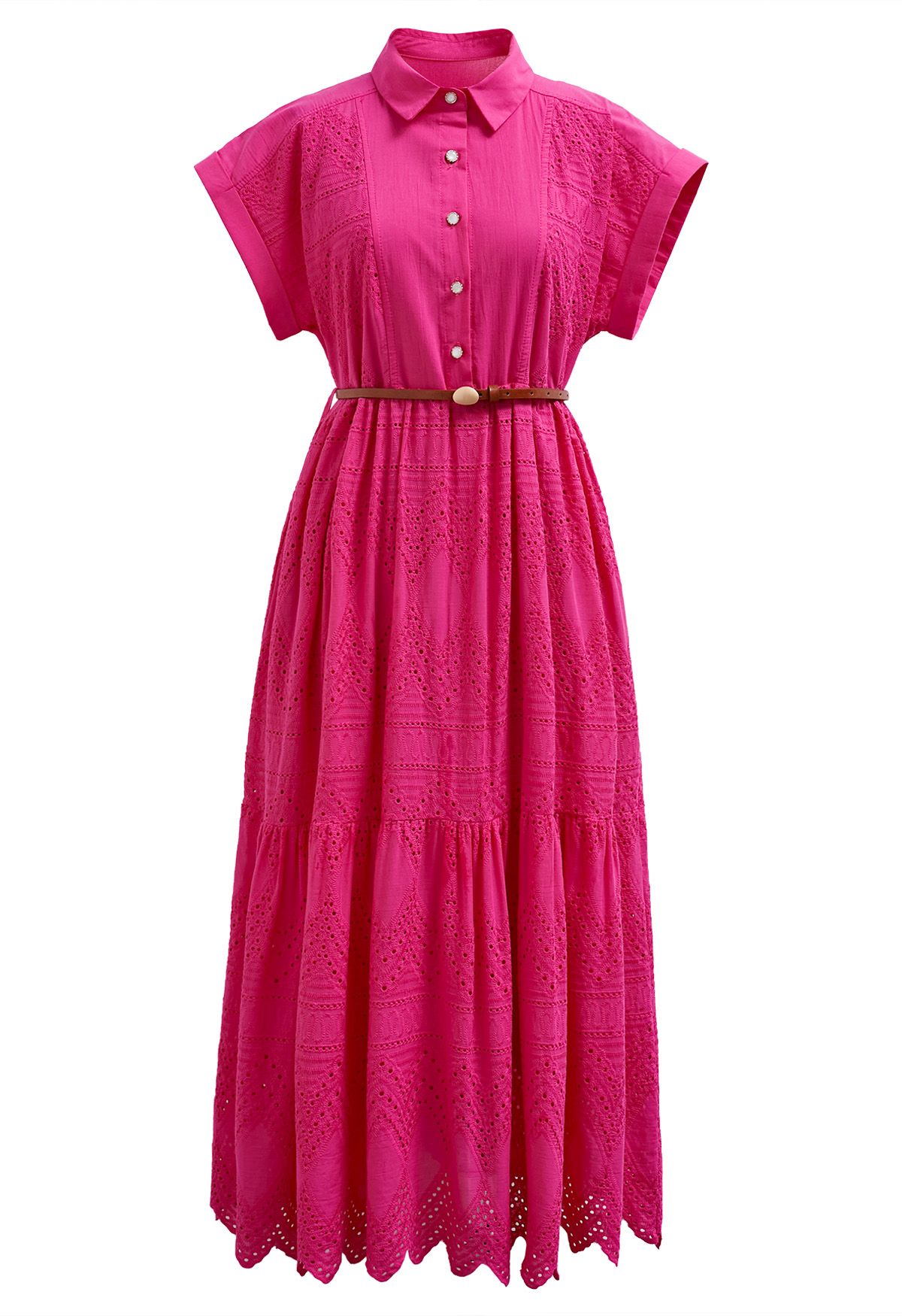 Collared Eyelet Embroidery Buttoned Midi Dress in Hot Pink