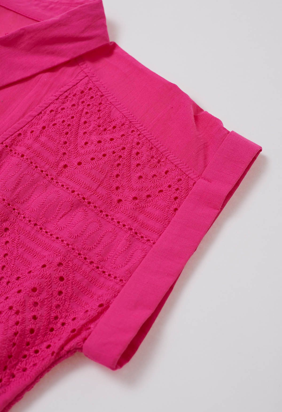 Collared Eyelet Embroidery Buttoned Midi Dress in Hot Pink