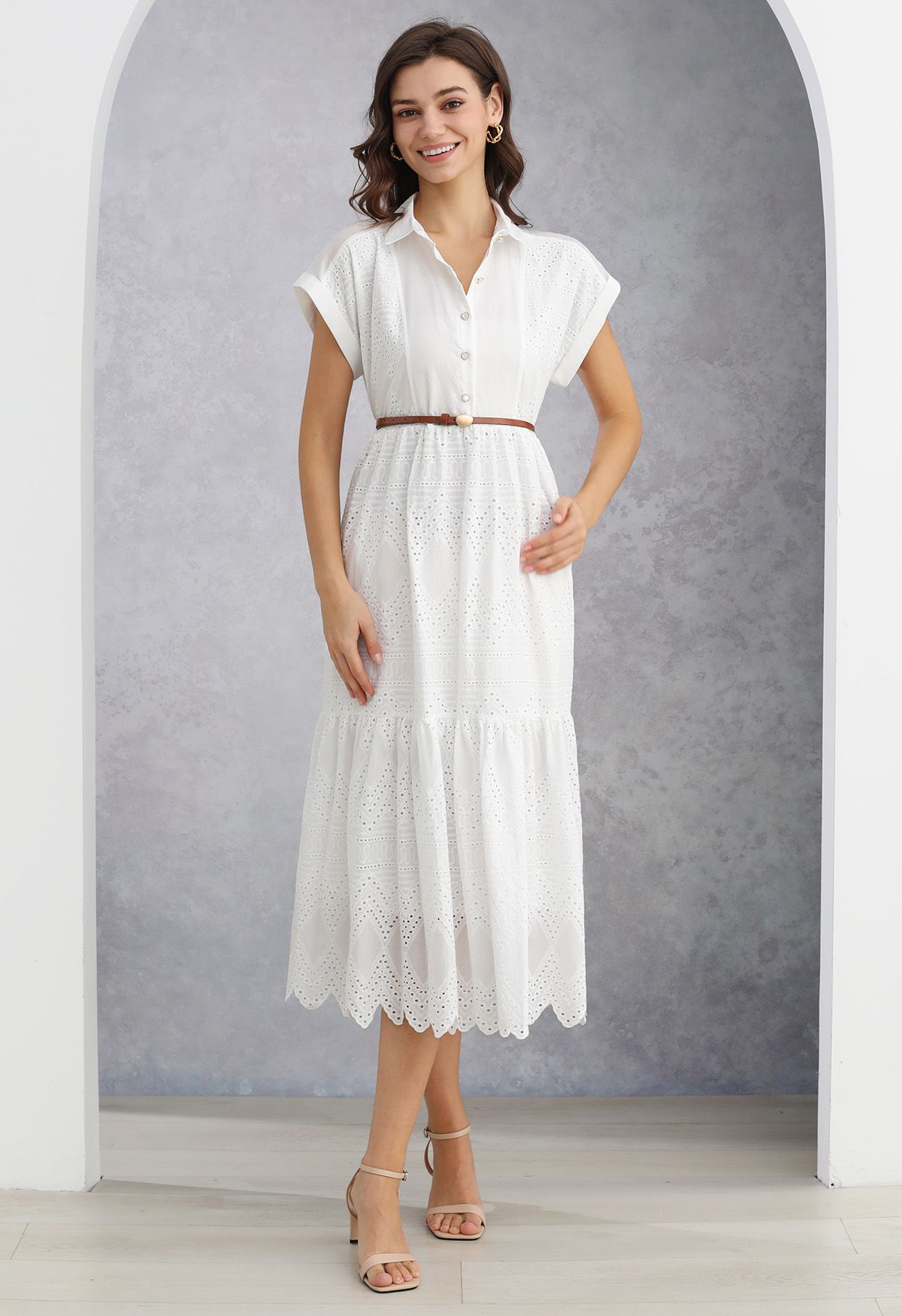 Collared Eyelet Embroidery Buttoned Midi Dress in White