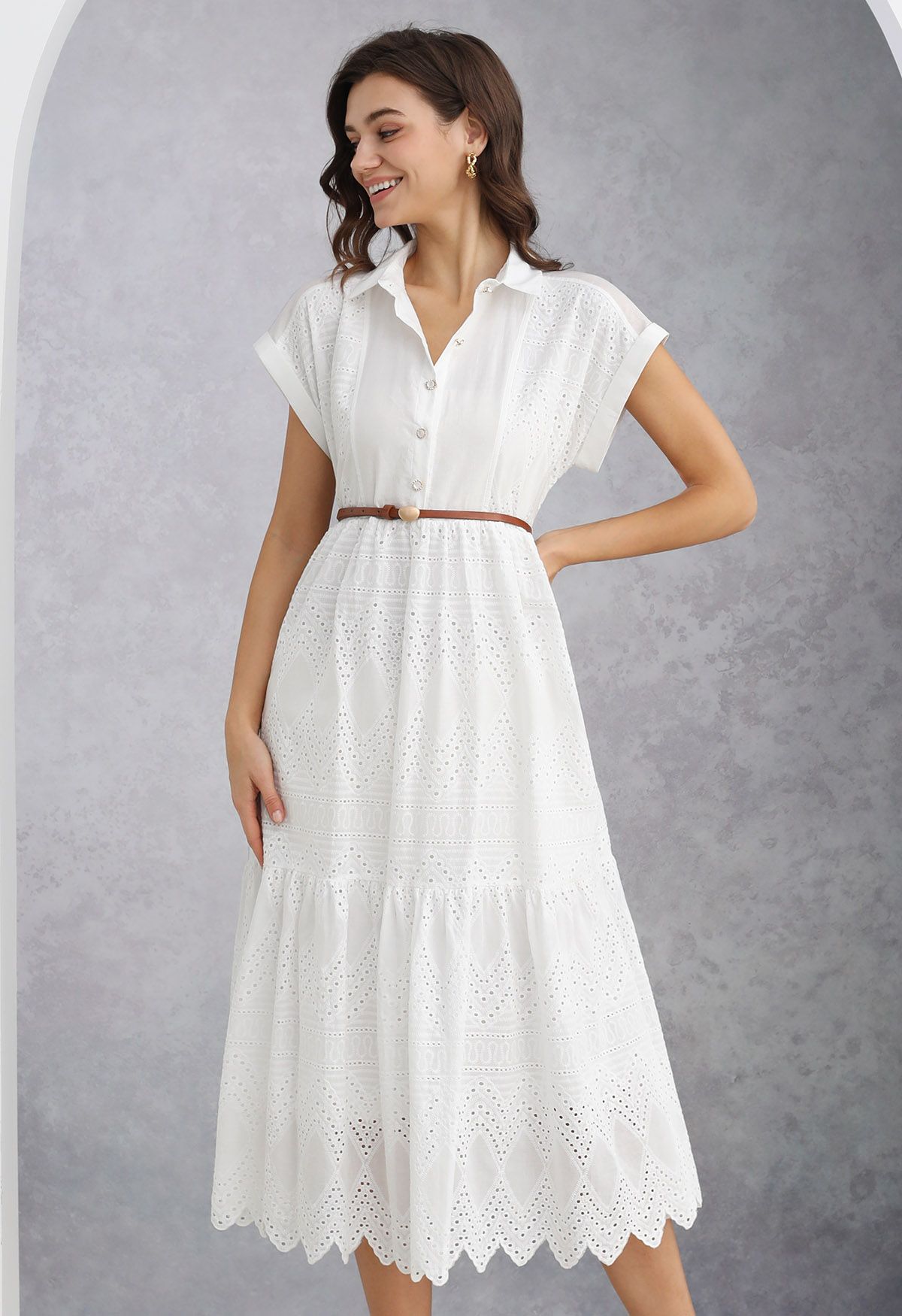 Collared Eyelet Embroidery Buttoned Midi Dress in White