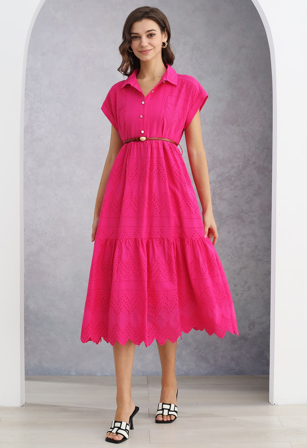 Collared Eyelet Embroidery Buttoned Midi Dress in Hot Pink