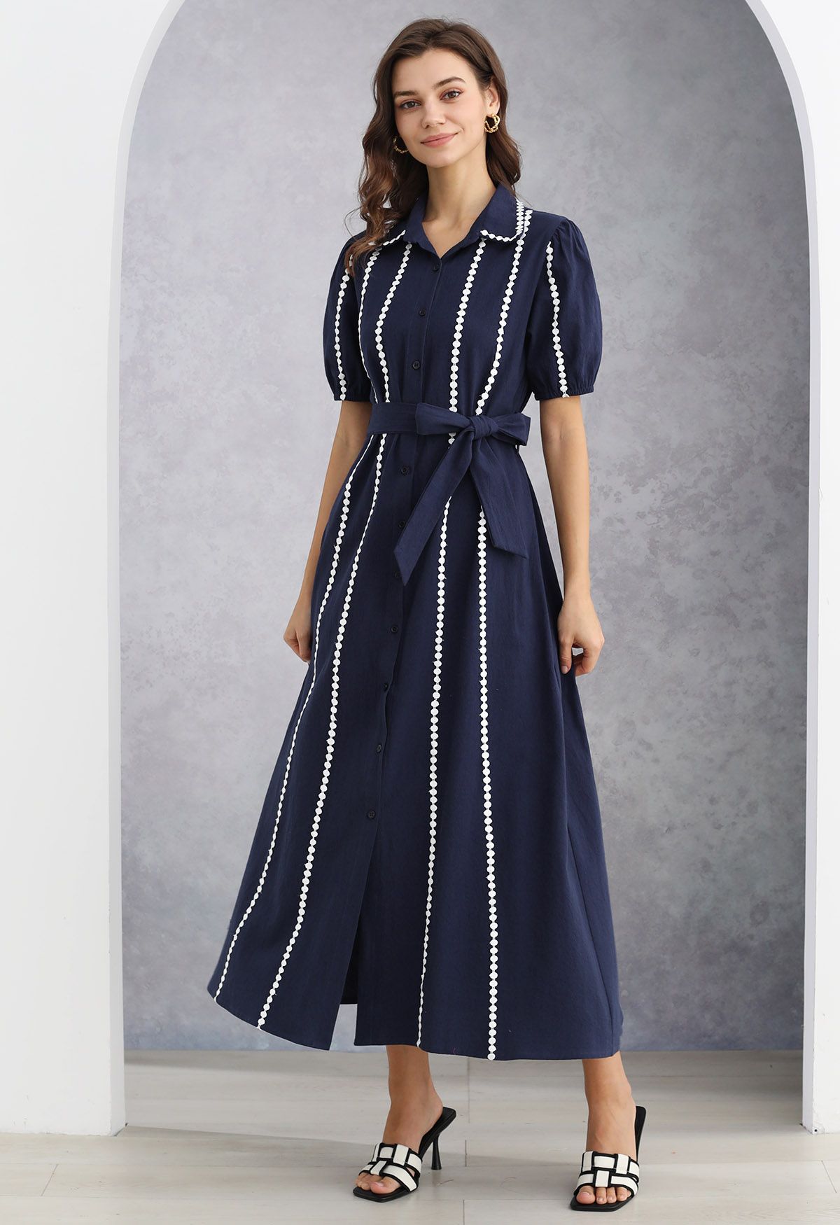 Crochet Stripe Collared Tie-Sash Buttoned Maxi Dress in Navy