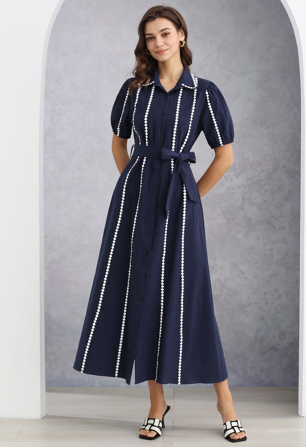 Crochet Stripe Collared Tie-Sash Buttoned Maxi Dress in Navy