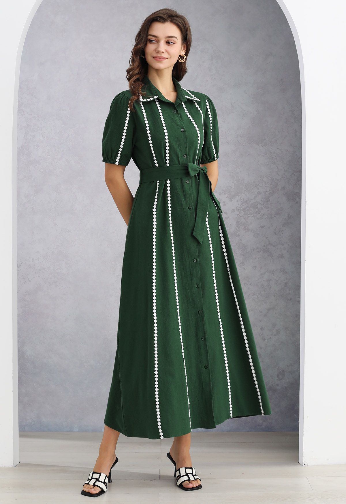 Crochet Stripe Collared Tie-Sash Buttoned Maxi Dress in Dark Green