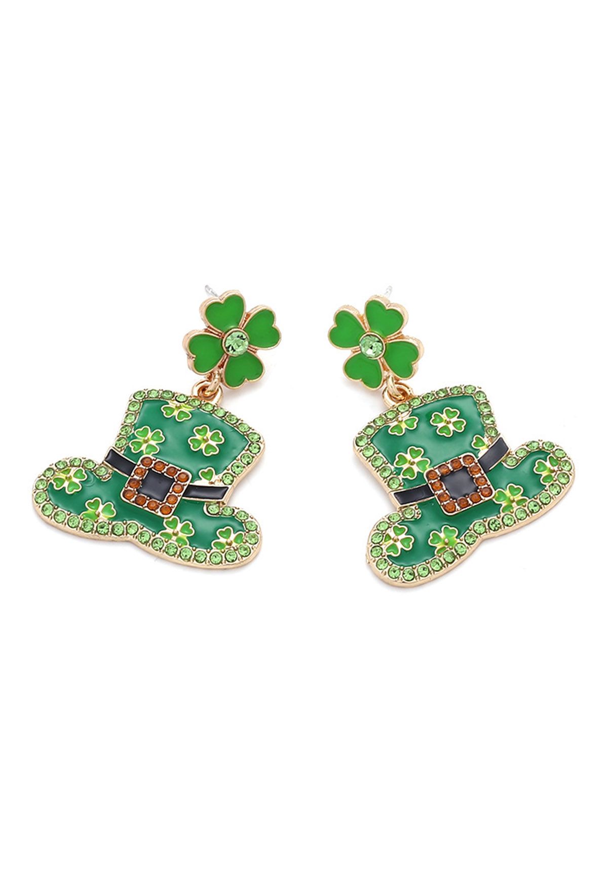 Four-Leaf Clover Leprechaun Hat Rhinestone Earrings