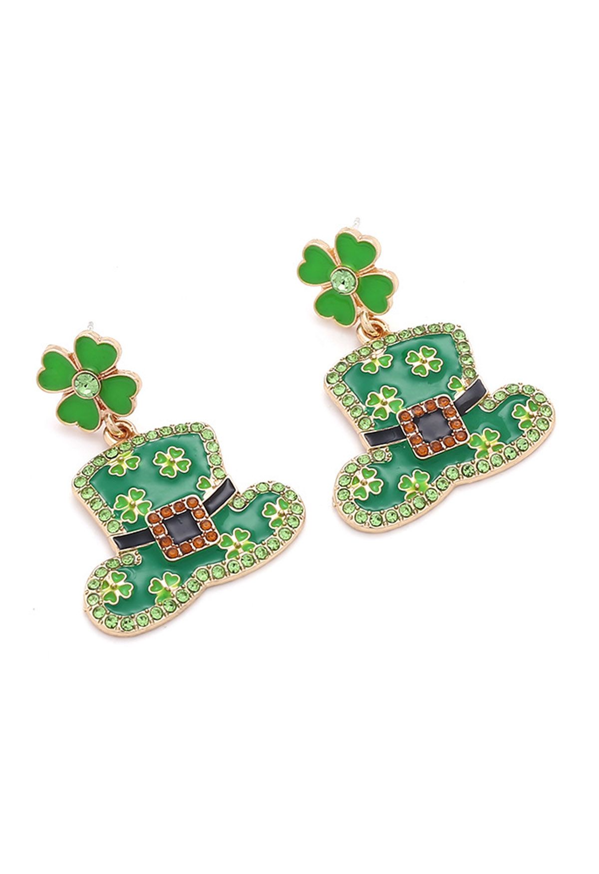 Four-Leaf Clover Leprechaun Hat Rhinestone Earrings