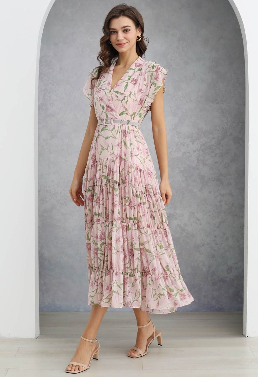 Lily Printed Belted Faux-Wrap Chiffon Maxi Dress in Pink