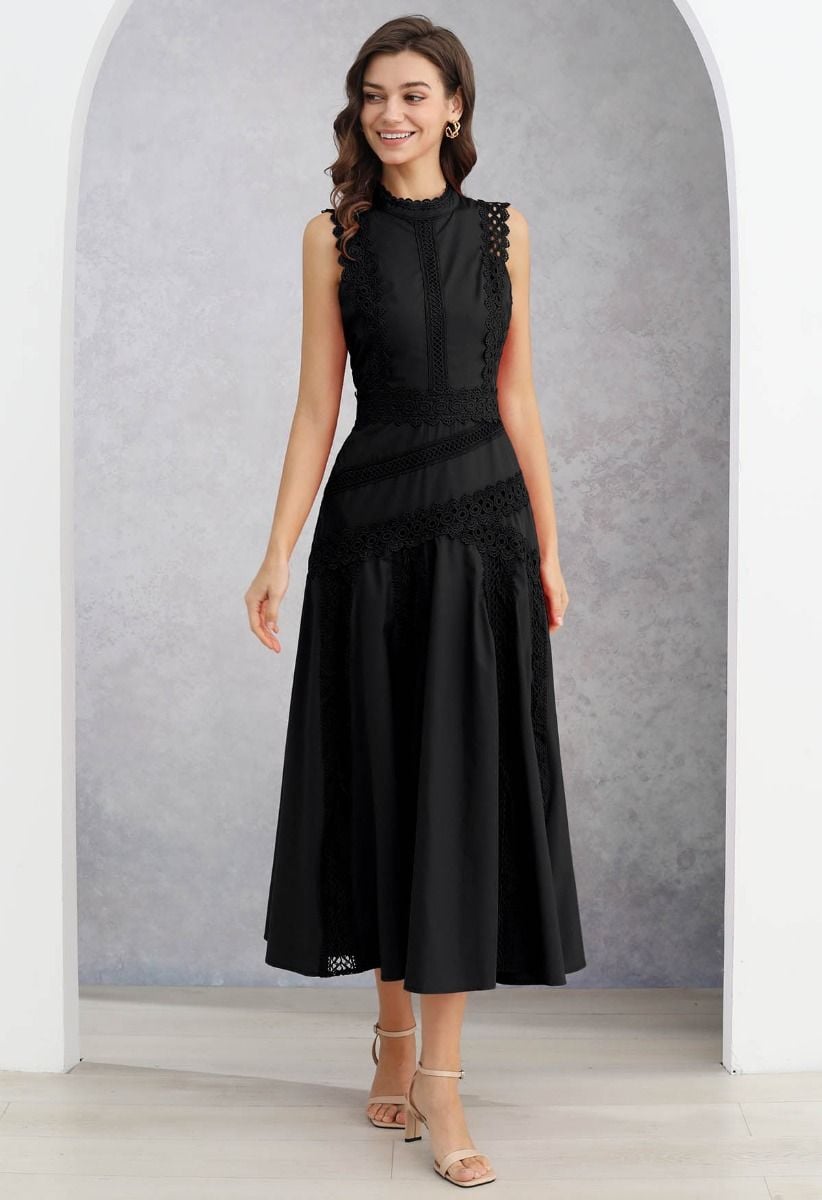 Dive into Elegance Lace Panelled Sleeveless Dress in Black