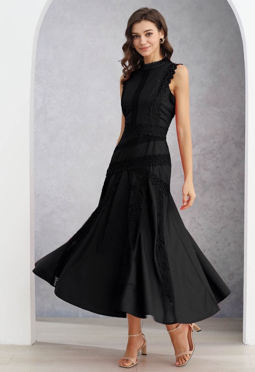 Dive into Elegance Lace Panelled Sleeveless Dress in Black