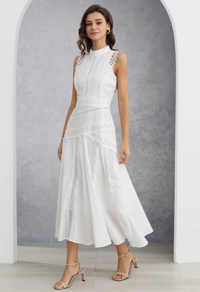 Dive into Elegance Lace Panelled Sleeveless Dress in White