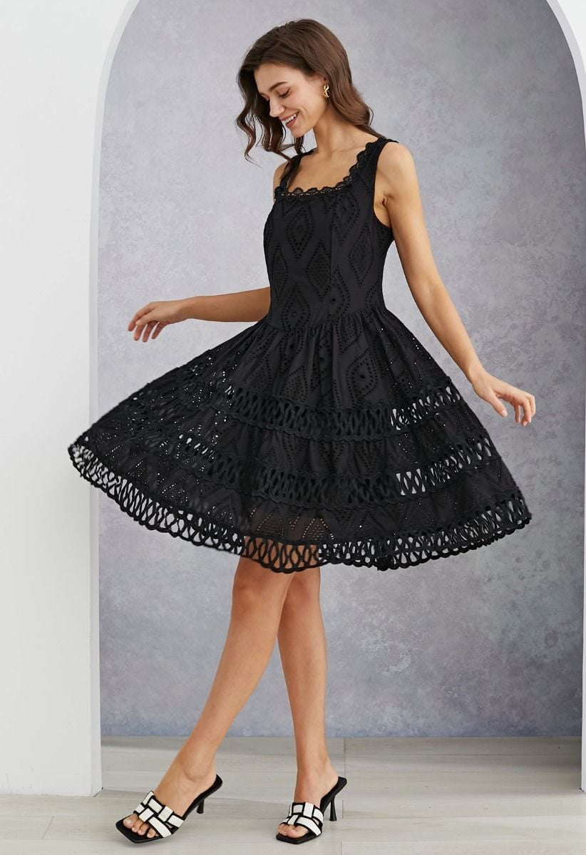 Geometric Eyelet Embroidered Square Neck Sleeveless Dress in Black