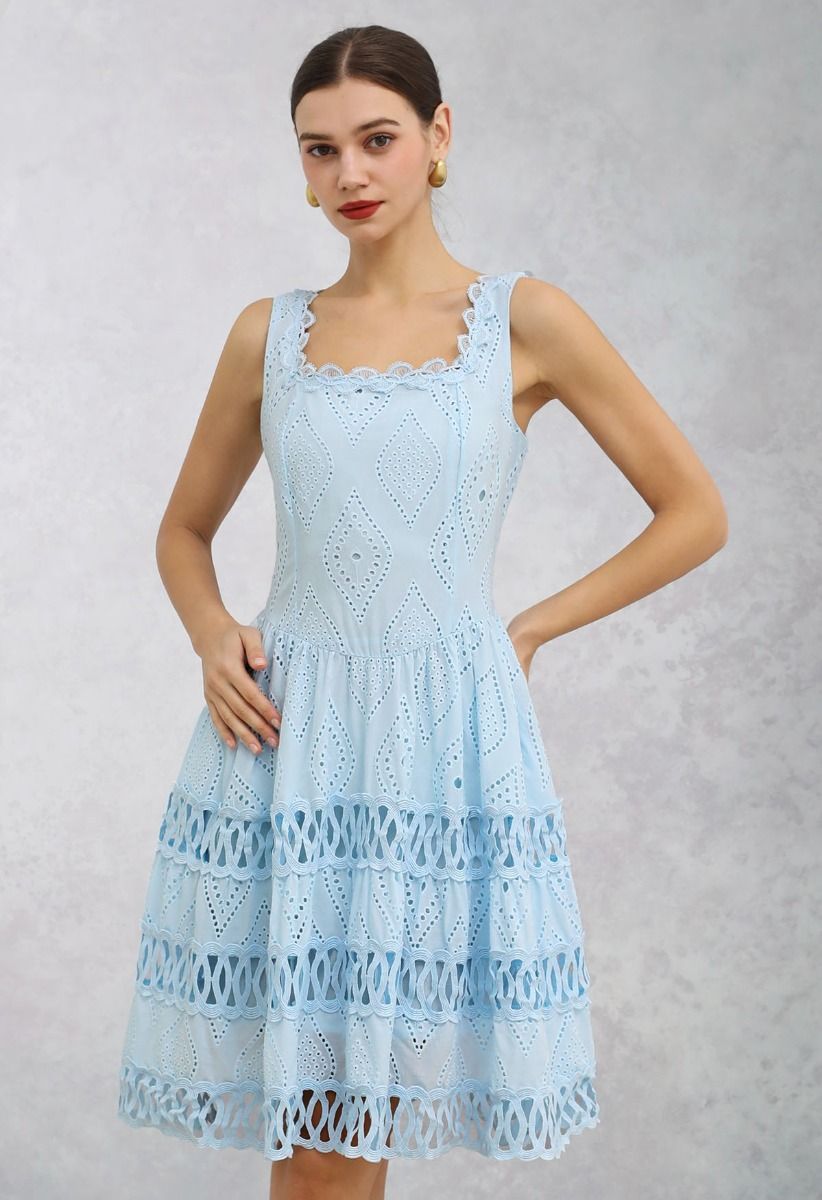 Geometric Eyelet Embroidered Square Neck Sleeveless Dress in Light Blue