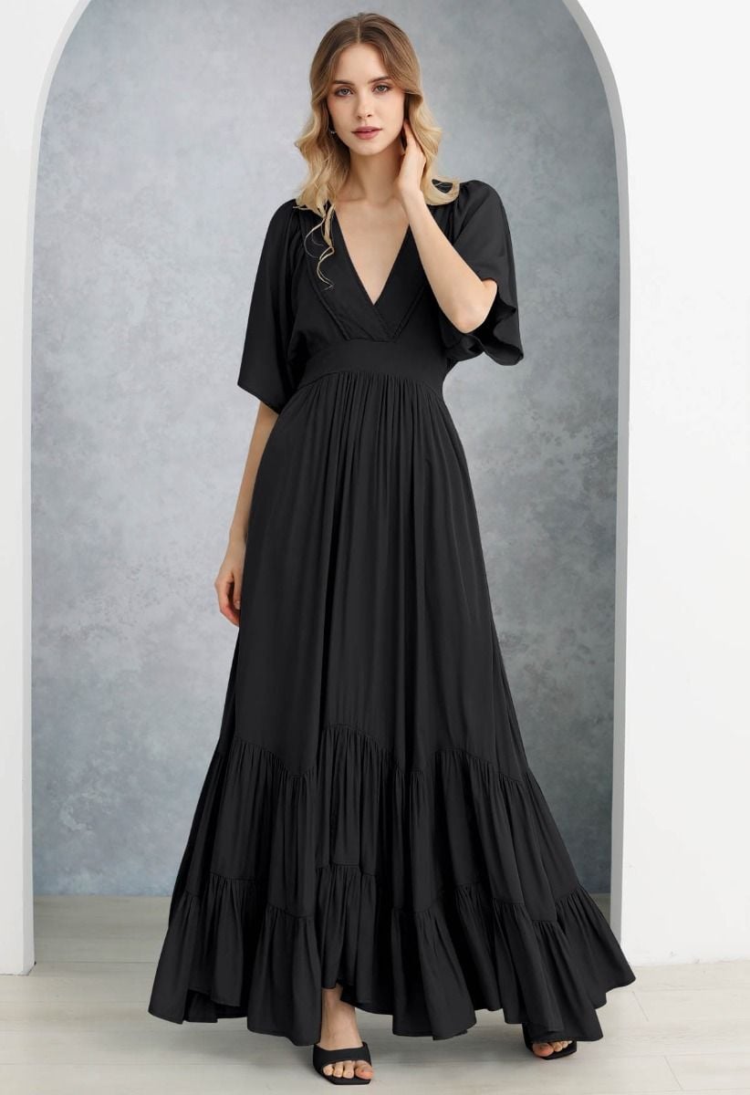 Subtle Romance Deep V-Neck Flutter Sleeve Maxi Dress in Black