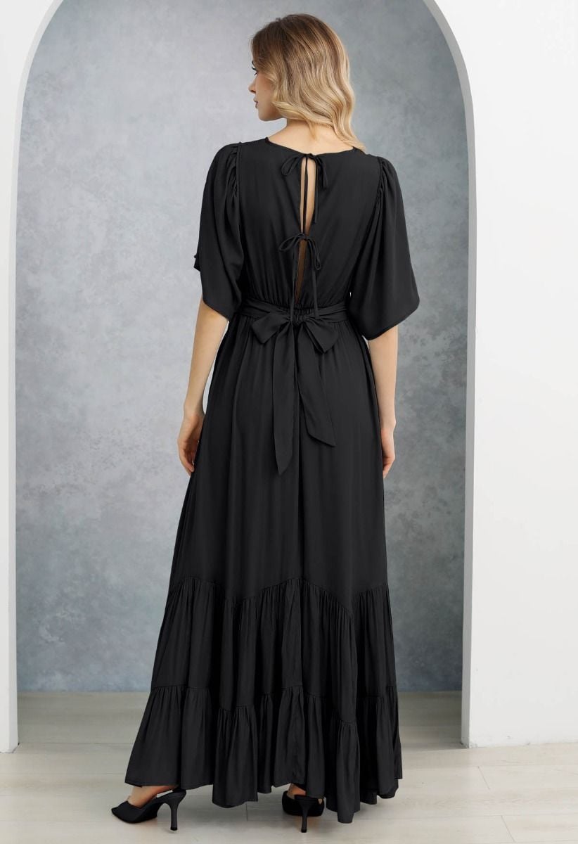 Subtle Romance Deep V-Neck Flutter Sleeve Maxi Dress in Black