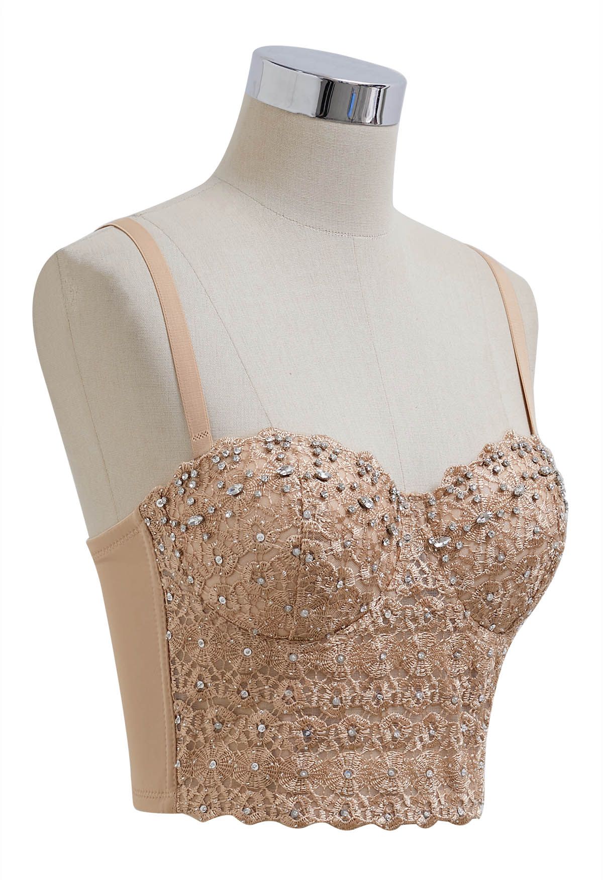 Rhinestone Lace Embroidered Bustier Mesh Crop Top in Apricot