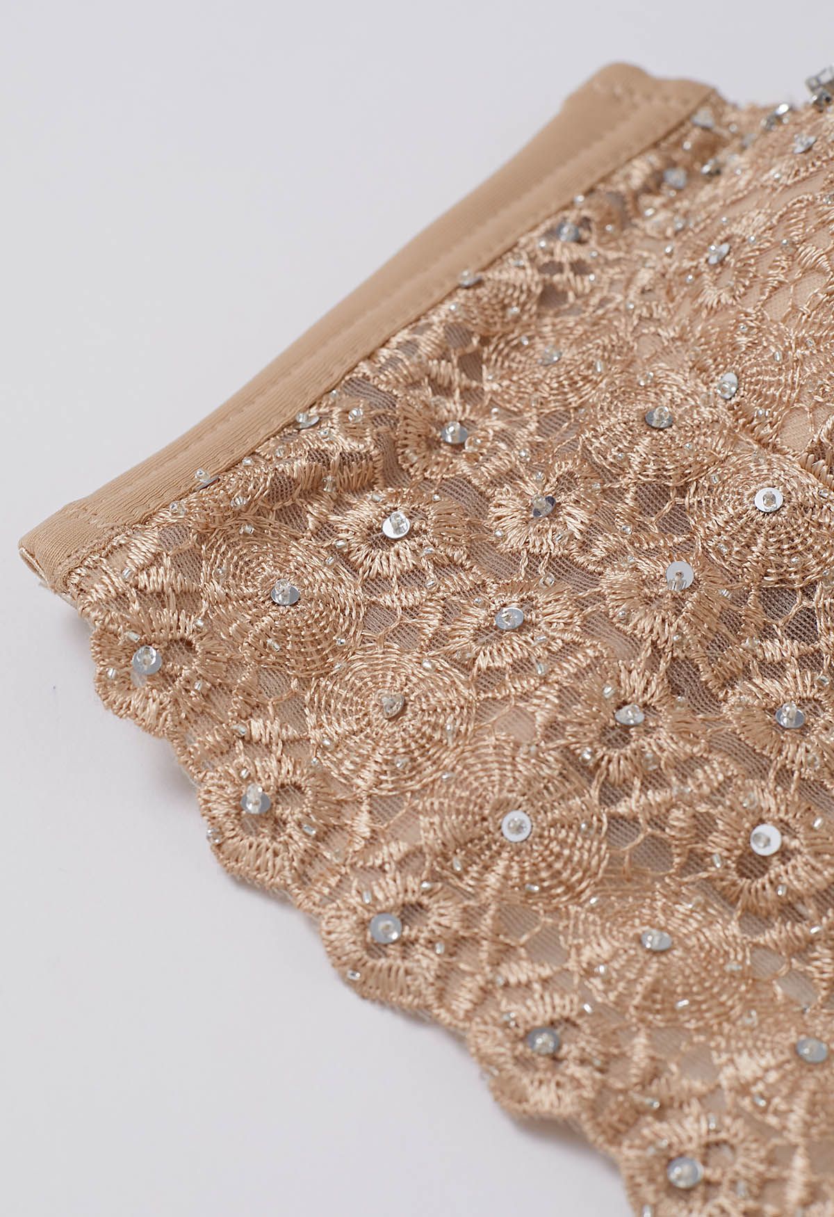 Rhinestone Lace Embroidered Bustier Mesh Crop Top in Apricot