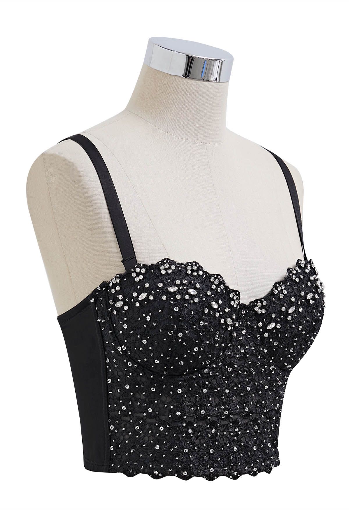 Rhinestone Lace Embroidered Bustier Mesh Crop Top in Black