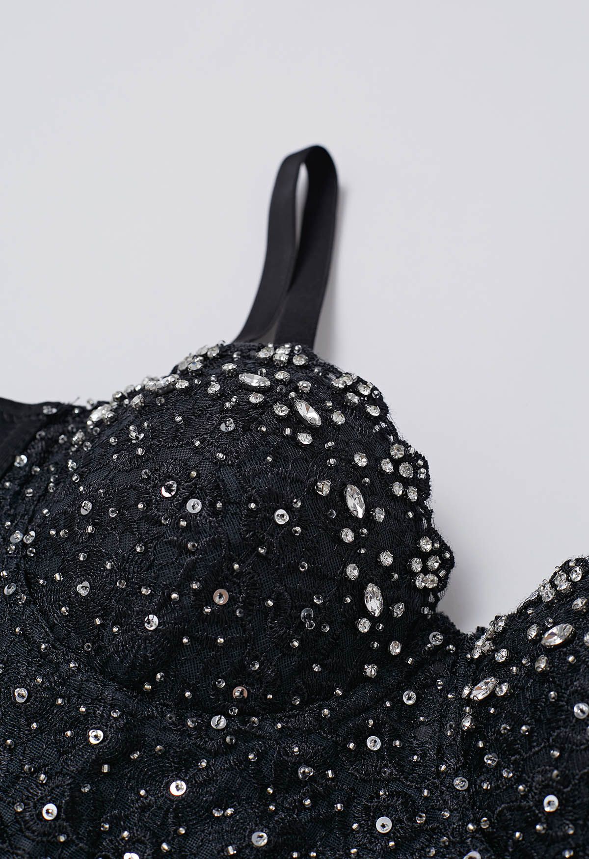 Rhinestone Lace Embroidered Bustier Mesh Crop Top in Black