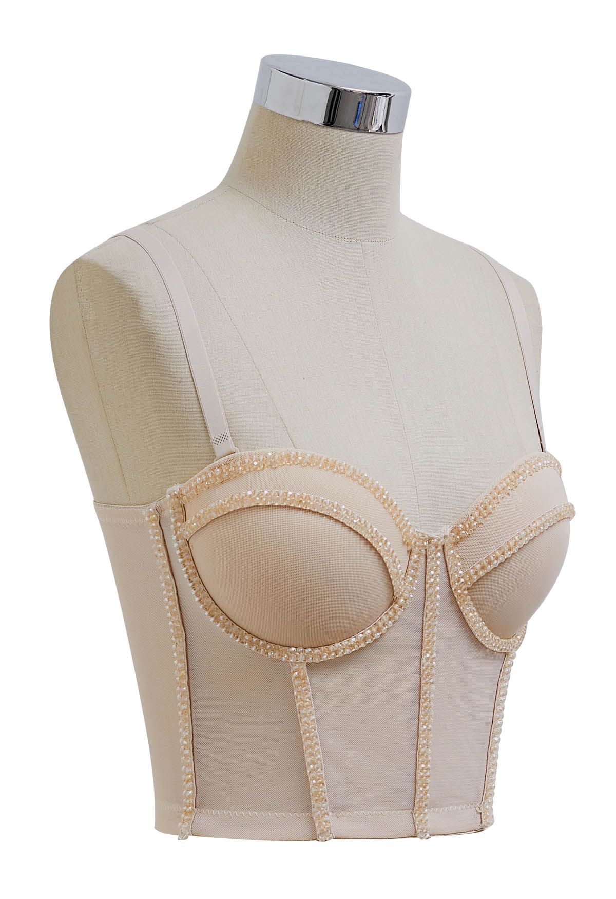 Crystal Embellished Bustier Mesh Crop Top in Apricot